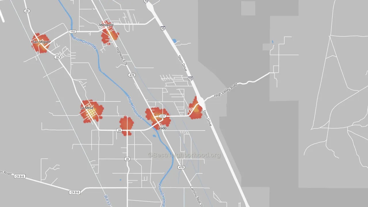 Walk Grade map of 88072, NM, walkable areas in green and car-dependent areas in red