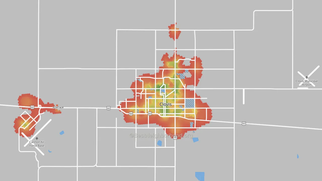 Walk Grade map of 88101, NM, walkable areas in green and car-dependent areas in red