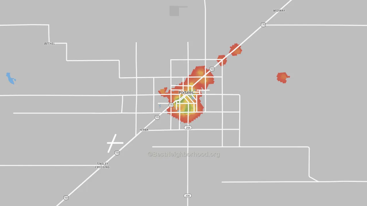 Walk Grade map of 88130, NM, walkable areas in green and car-dependent areas in red