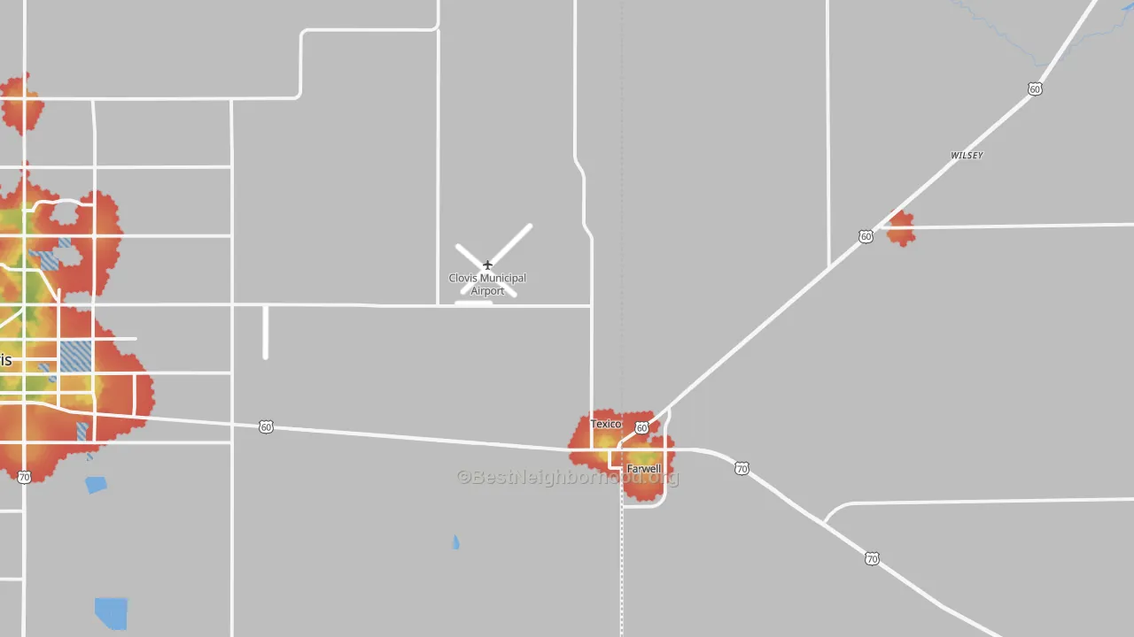 Walk Grade map of 88135, NM, walkable areas in green and car-dependent areas in red