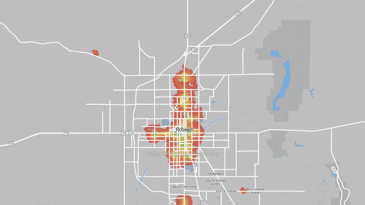 Walk Grade map of 88201, NM, walkable areas in green and car-dependent areas in red