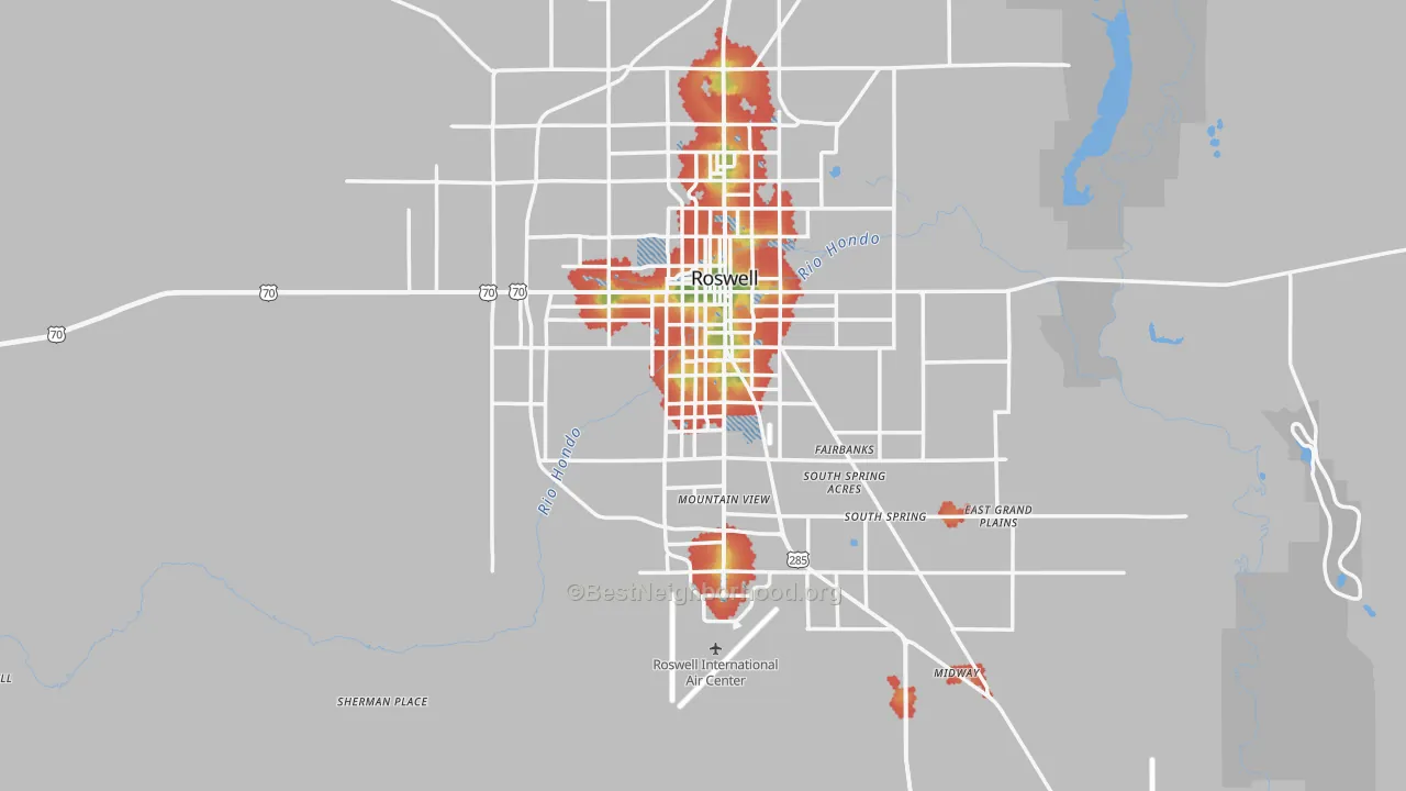 Walk Grade map of 88203, NM, walkable areas in green and car-dependent areas in red