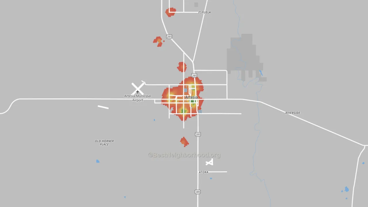 Walk Grade map of 88210, NM, walkable areas in green and car-dependent areas in red