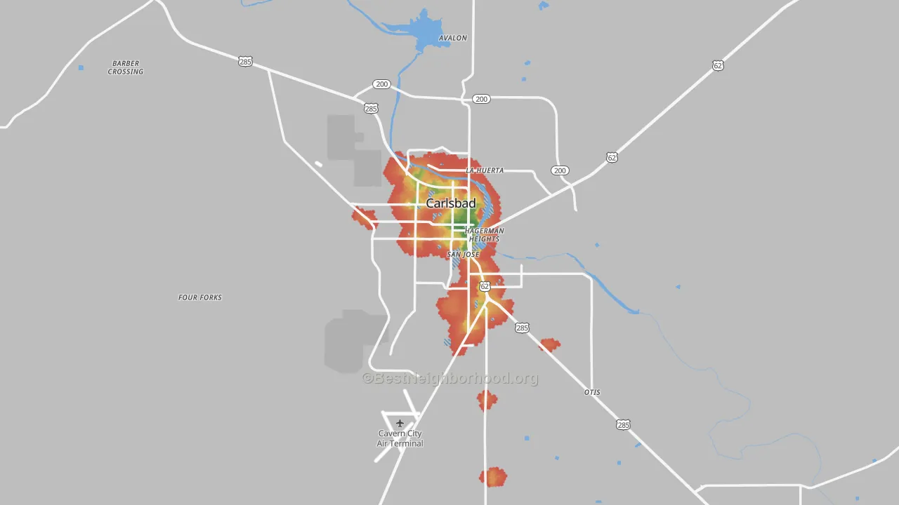 Walk Grade map of 88220, NM, walkable areas in green and car-dependent areas in red