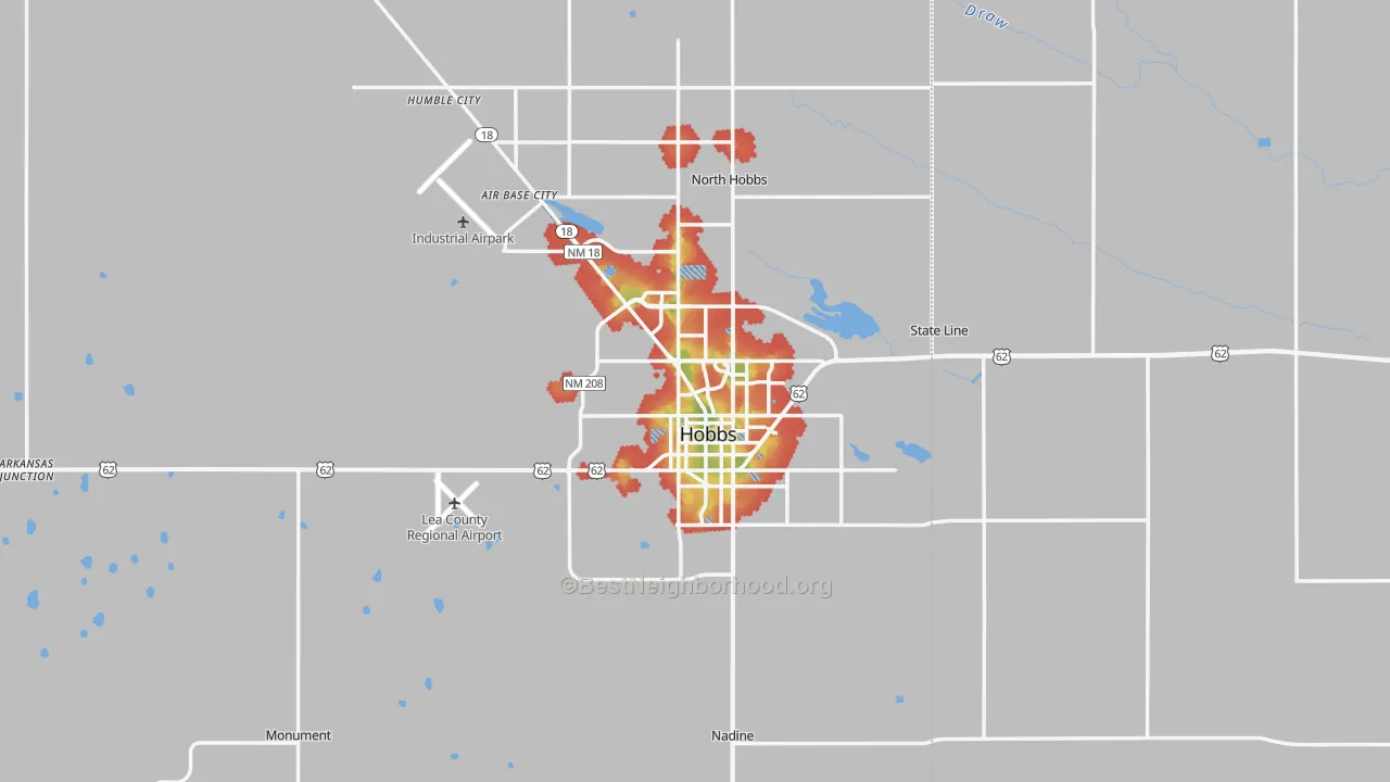 Walk Grade map of 88240, NM, walkable areas in green and car-dependent areas in red