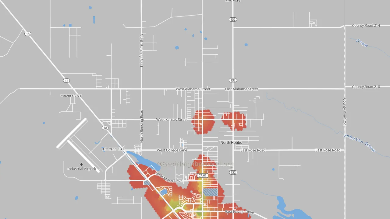 Walk Grade map of 88242, NM, walkable areas in green and car-dependent areas in red
