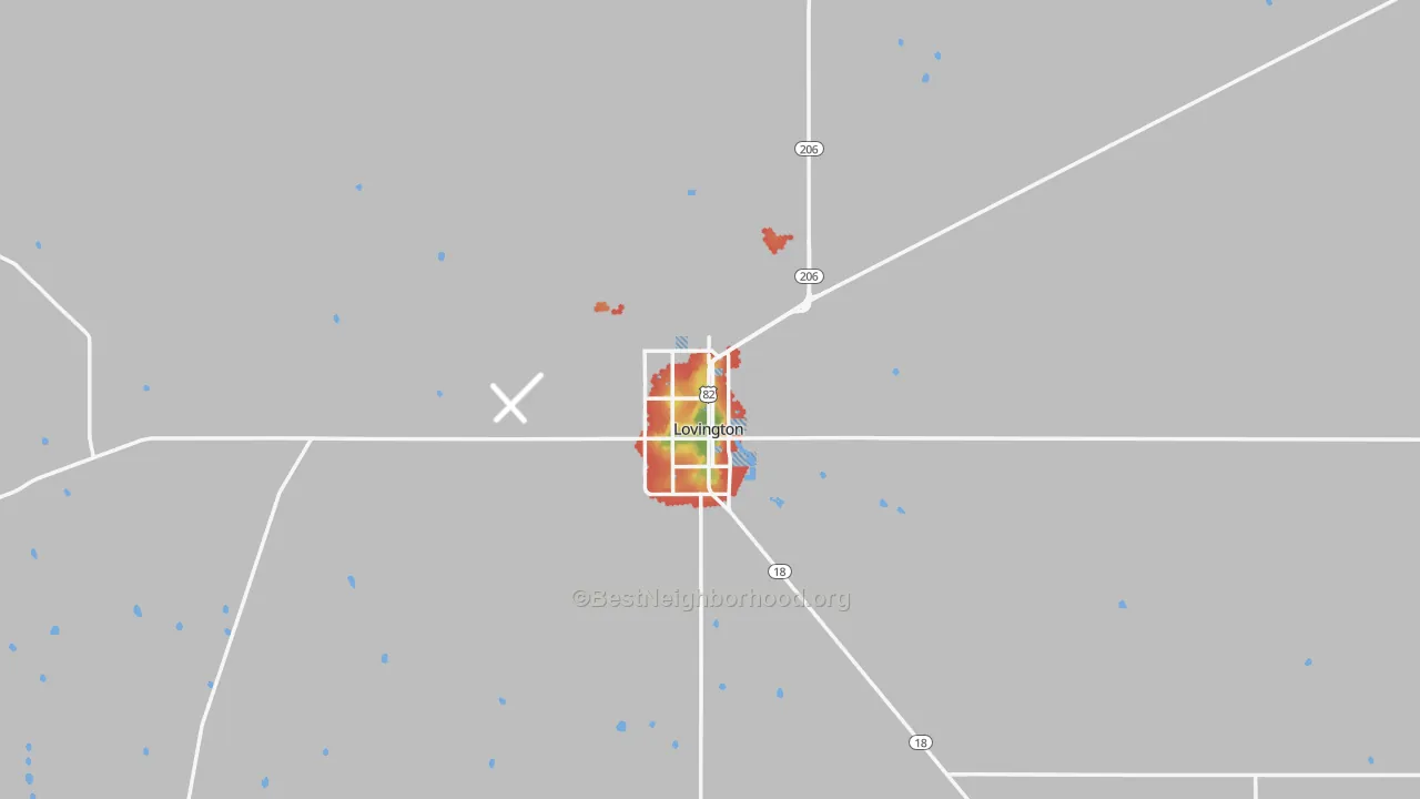 Walk Grade map of 88260, NM, walkable areas in green and car-dependent areas in red