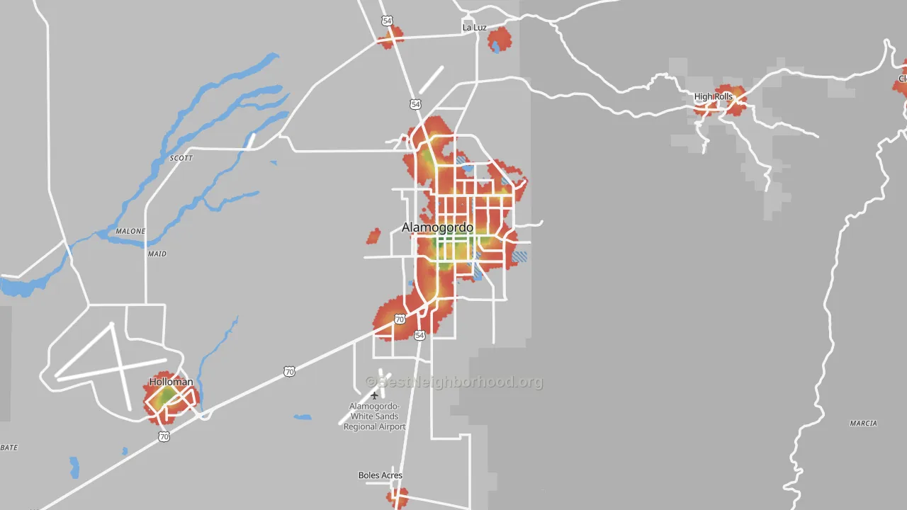 Walk Grade map of 88310, NM, walkable areas in green and car-dependent areas in red