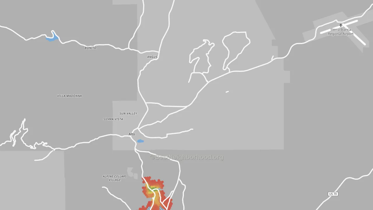 Walk Grade map of 88312, NM, walkable areas in green and car-dependent areas in red