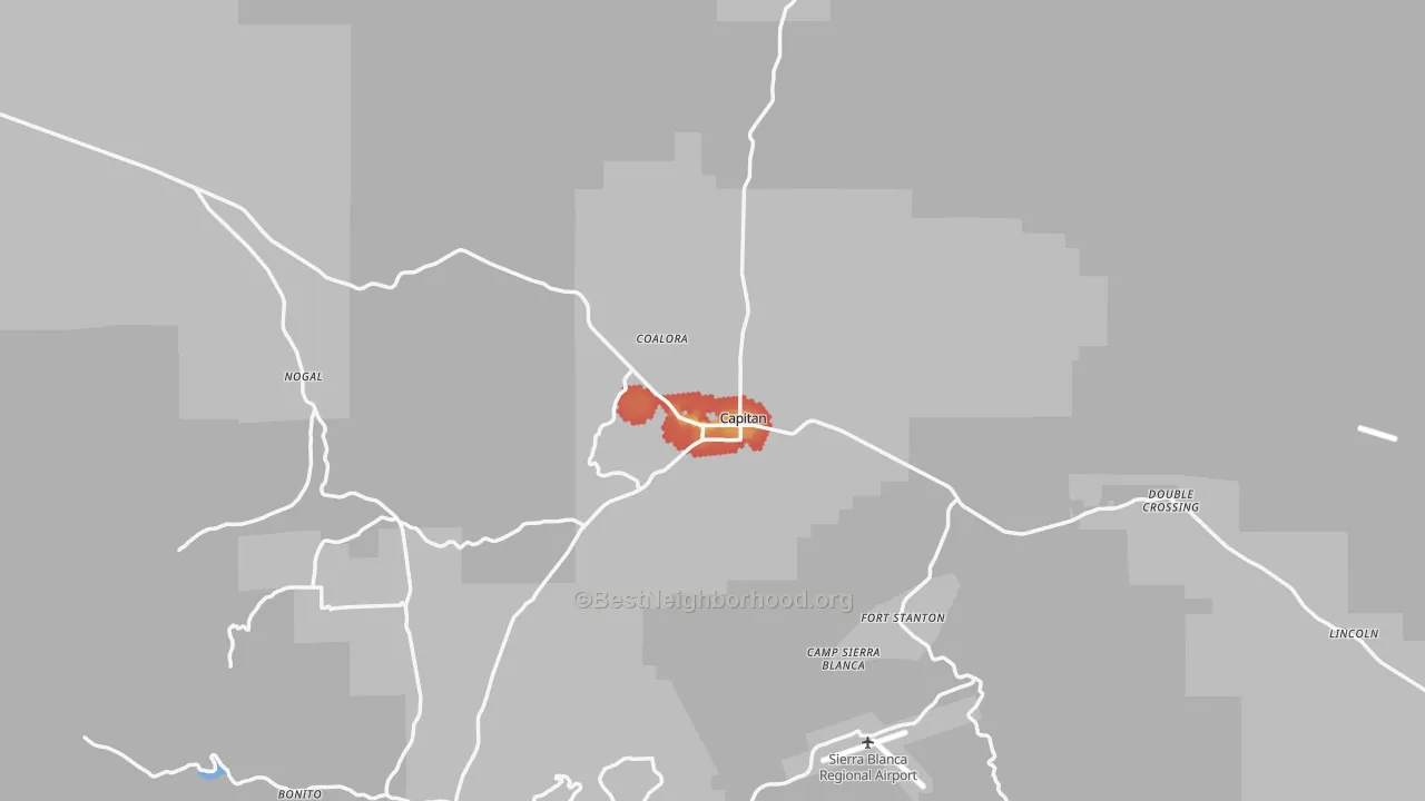 Walk Grade map of 88316, NM, walkable areas in green and car-dependent areas in red