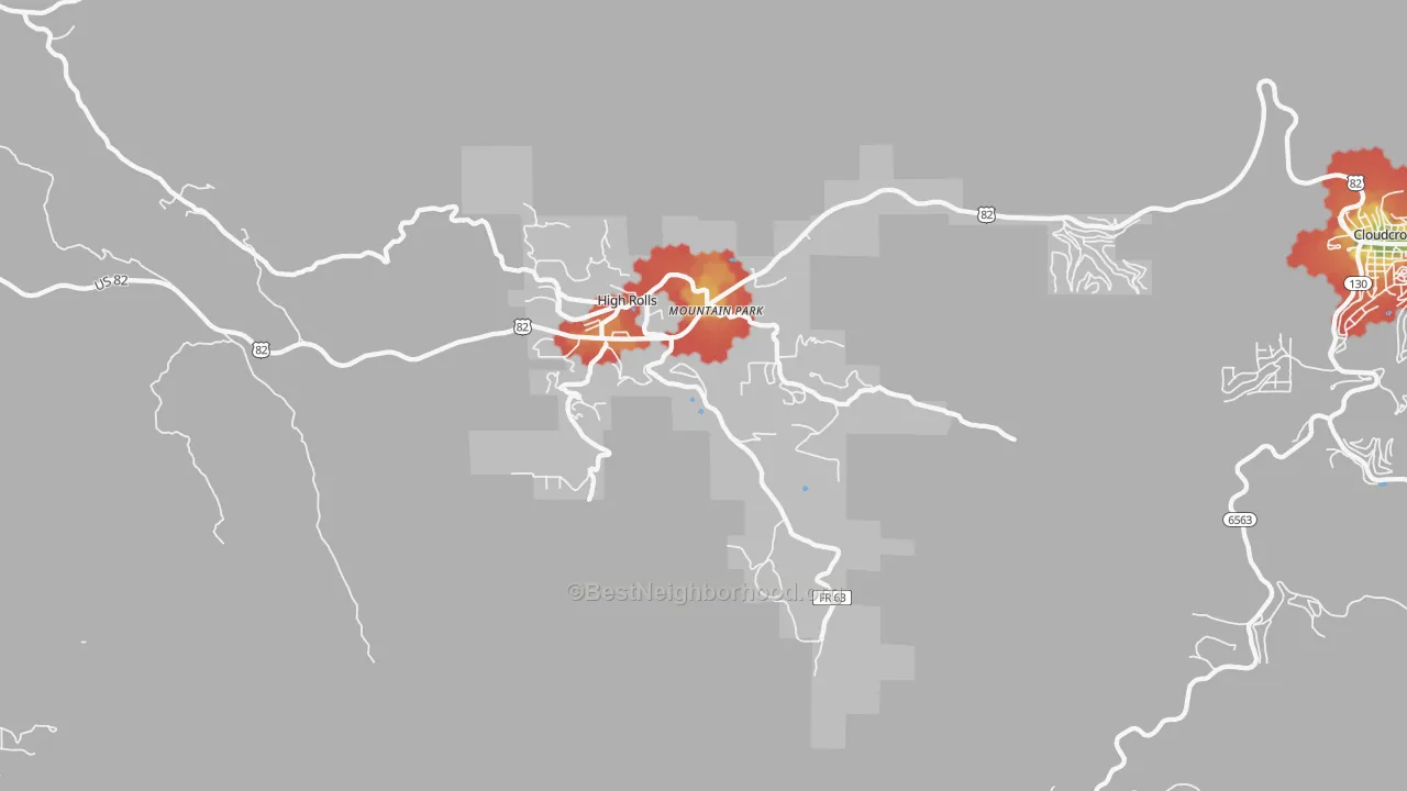 Walk Grade map of 88325, NM, walkable areas in green and car-dependent areas in red