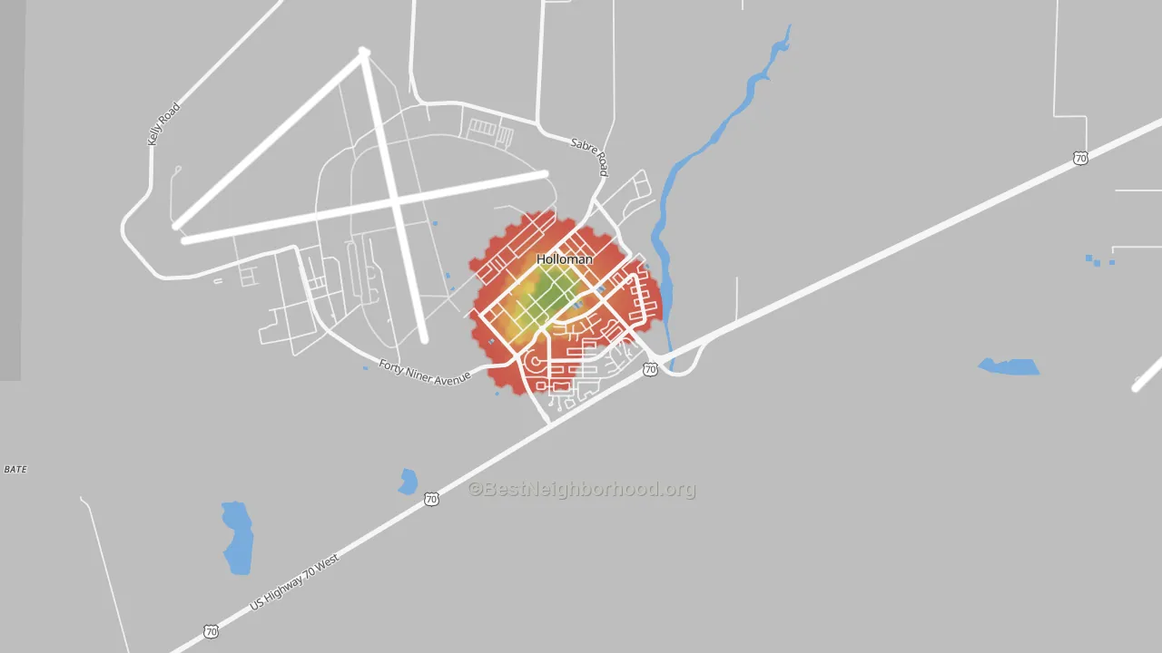 Walk Grade map of 88330, NM, walkable areas in green and car-dependent areas in red