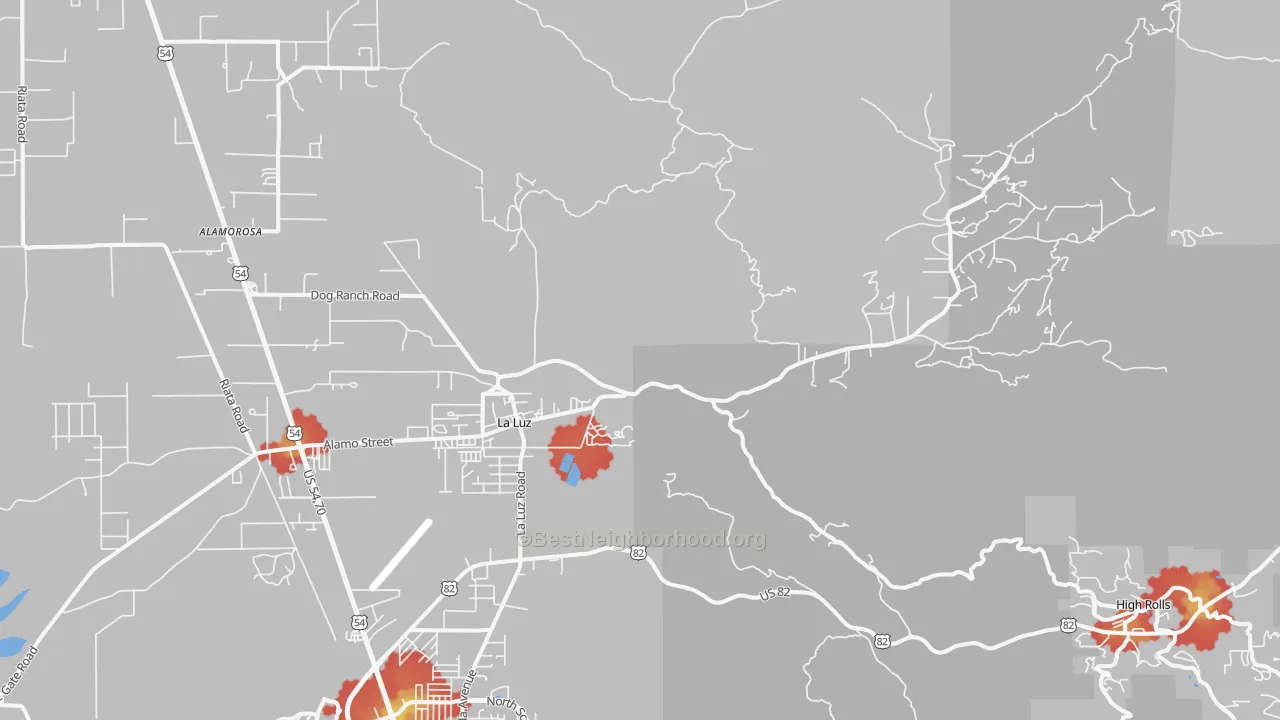 Walk Grade map of 88337, NM, walkable areas in green and car-dependent areas in red