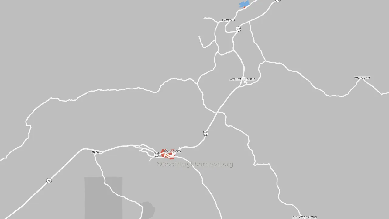Walk Grade map of 88340, NM, walkable areas in green and car-dependent areas in red