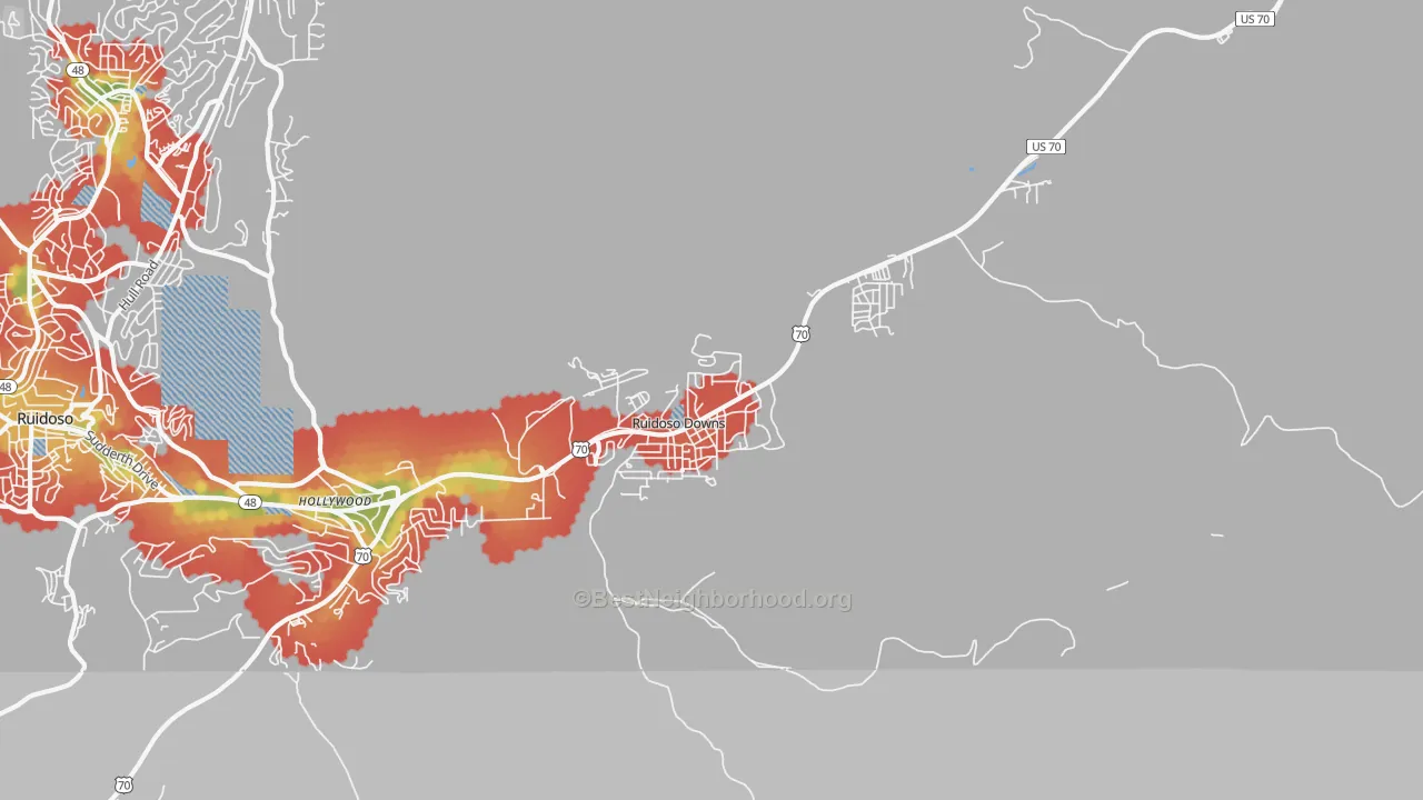 Walk Grade map of 88346, NM, walkable areas in green and car-dependent areas in red