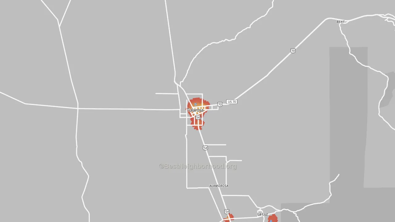 Walk Grade map of 88352, NM, walkable areas in green and car-dependent areas in red