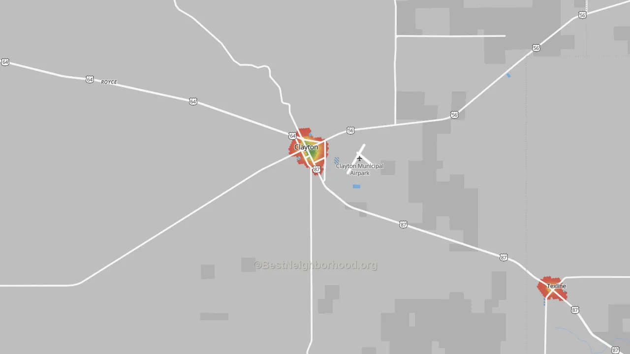 Walk Grade map of 88415, NM, walkable areas in green and car-dependent areas in red