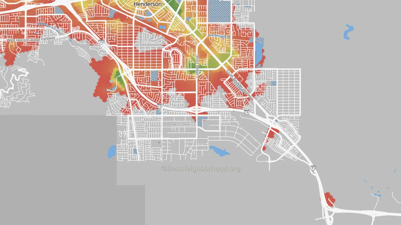 Walk Grade map of 89002, NV, walkable areas in green and car-dependent areas in red