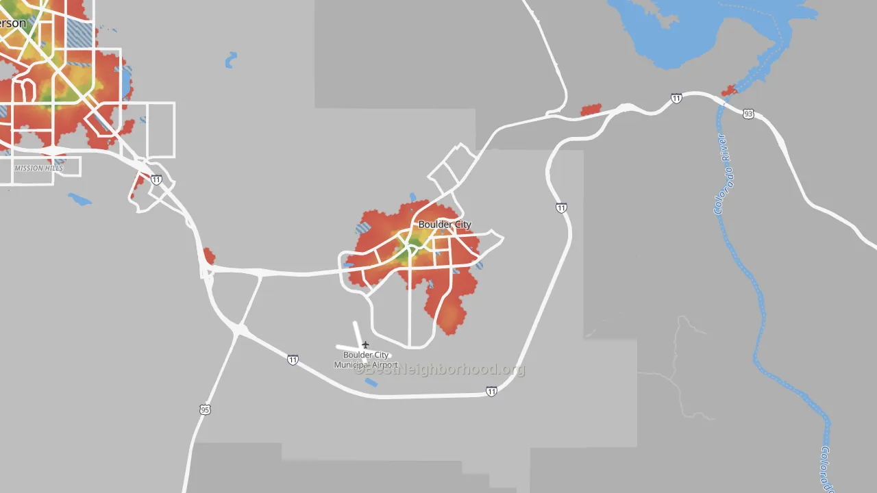 Walk Grade map of 89005, NV, walkable areas in green and car-dependent areas in red