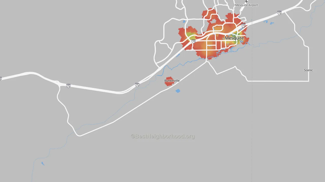 Walk Grade map of 89007, NV, walkable areas in green and car-dependent areas in red