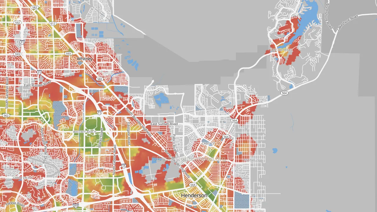 Walk Grade map of 89011, NV, walkable areas in green and car-dependent areas in red