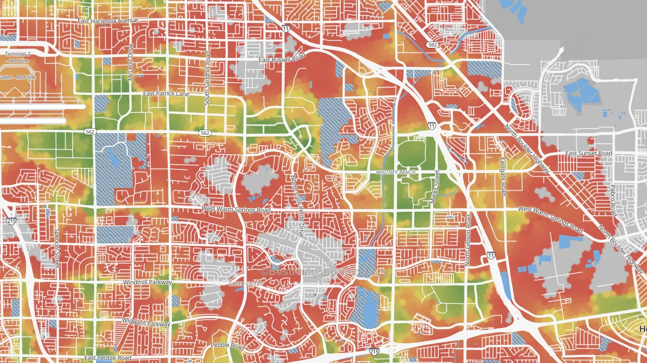 Walk Grade map of 89014, NV, walkable areas in green and car-dependent areas in red