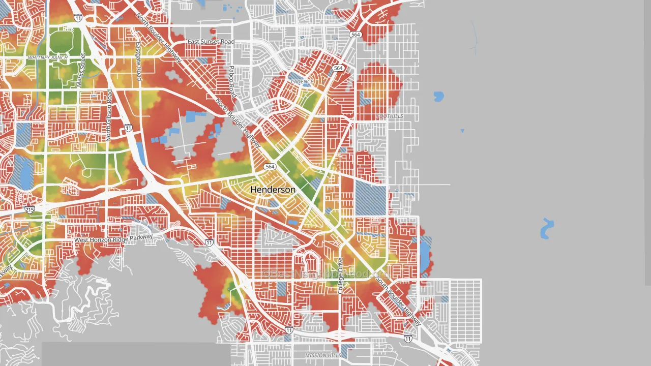 Walk Grade map of 89015, NV, walkable areas in green and car-dependent areas in red