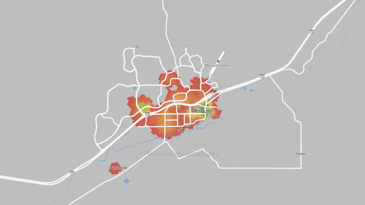 Walk Grade map of 89027, NV, walkable areas in green and car-dependent areas in red