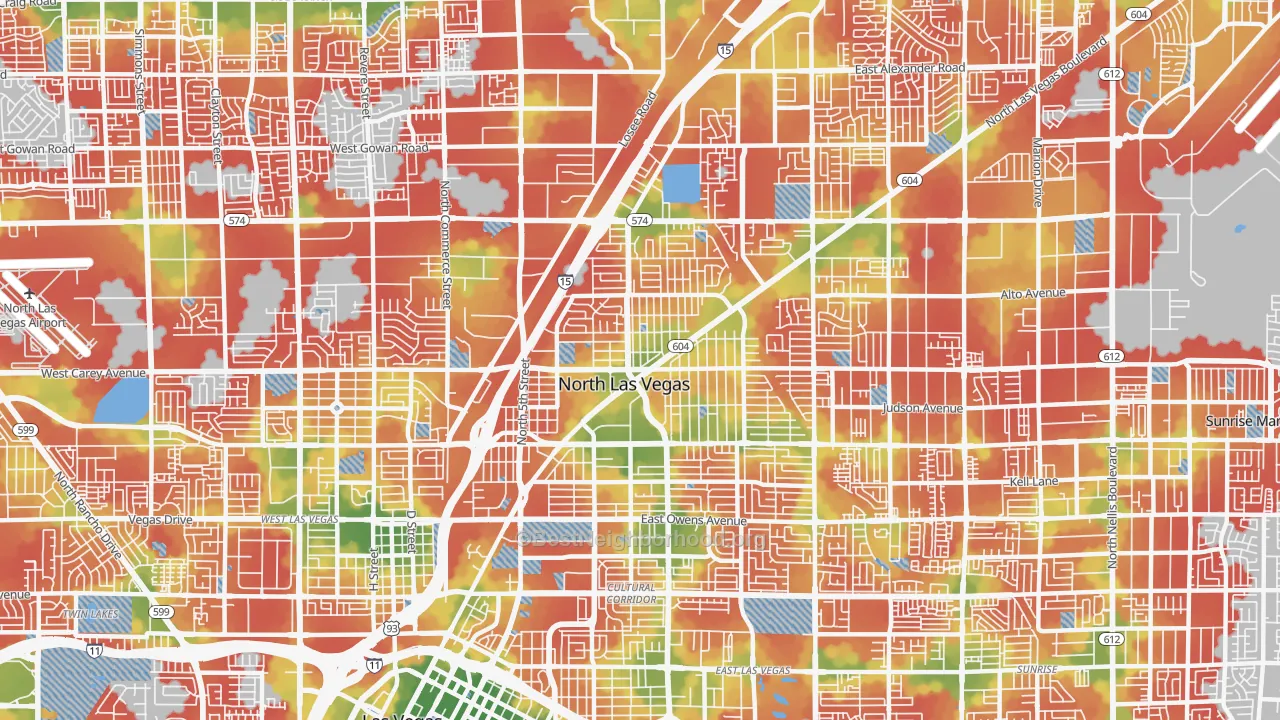 Walk Grade map of 89030, NV, walkable areas in green and car-dependent areas in red