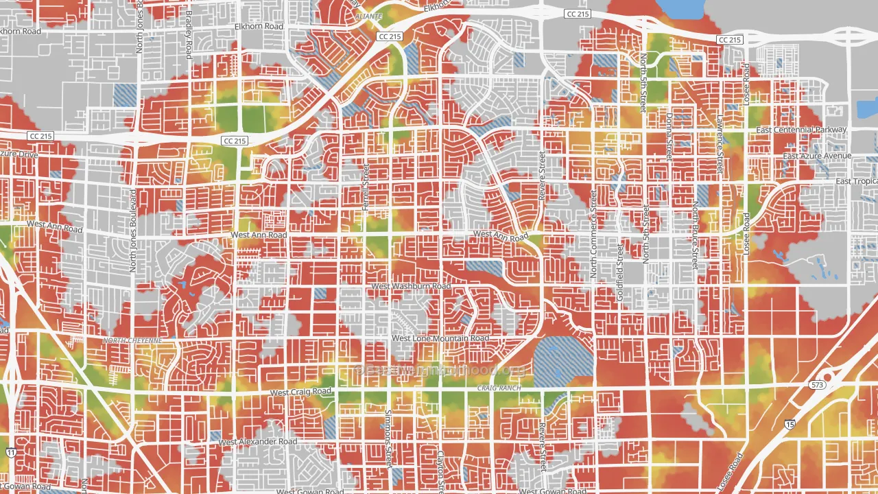 Walk Grade map of 89031, NV, walkable areas in green and car-dependent areas in red