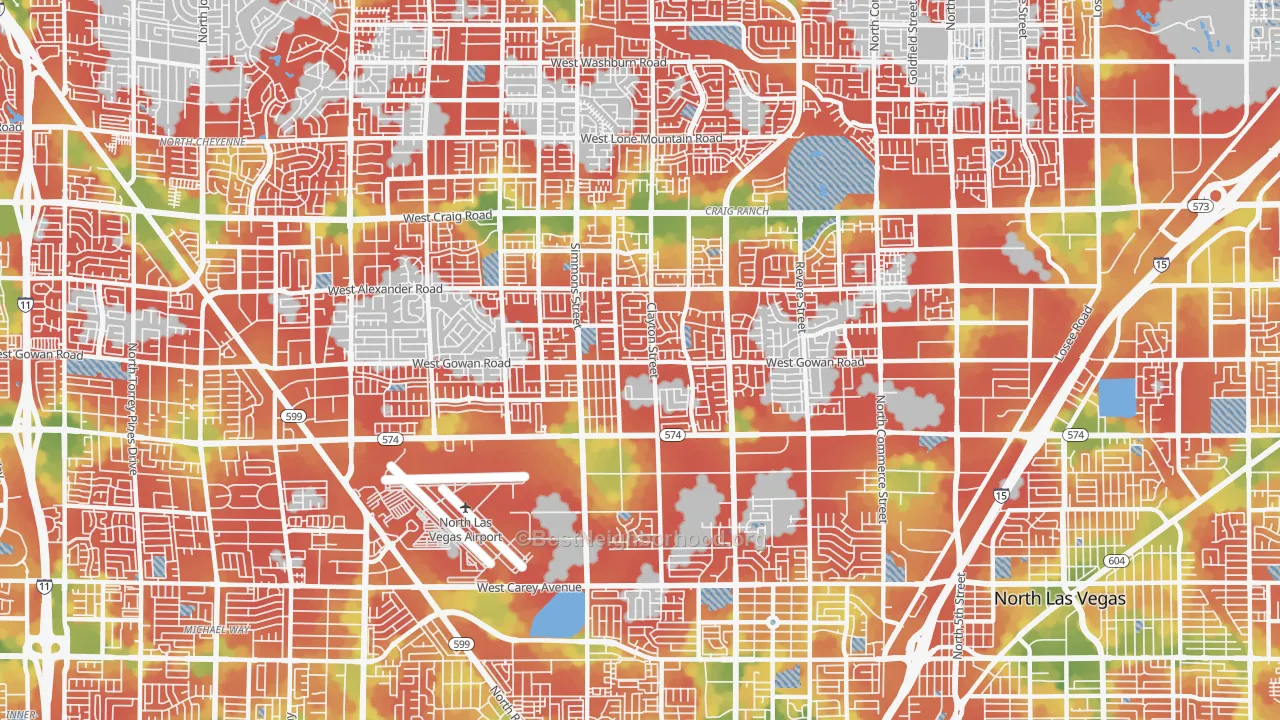Walk Grade map of 89032, NV, walkable areas in green and car-dependent areas in red