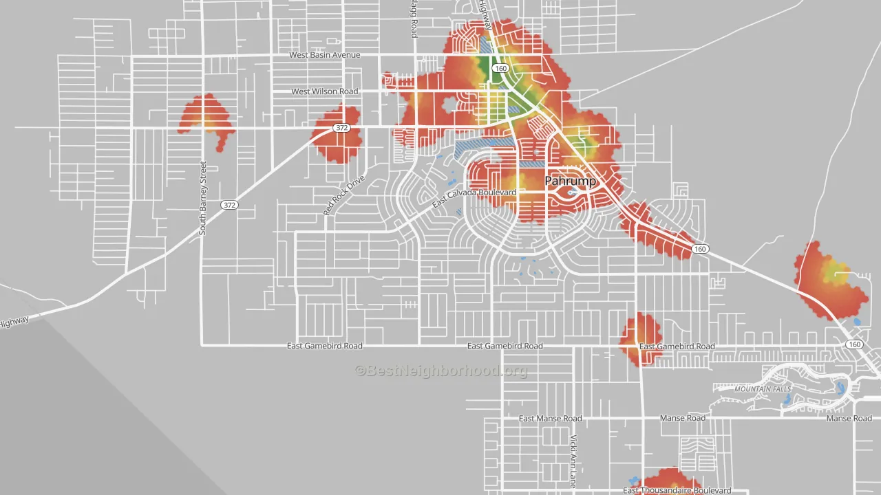 Walk Grade map of 89048, NV, walkable areas in green and car-dependent areas in red