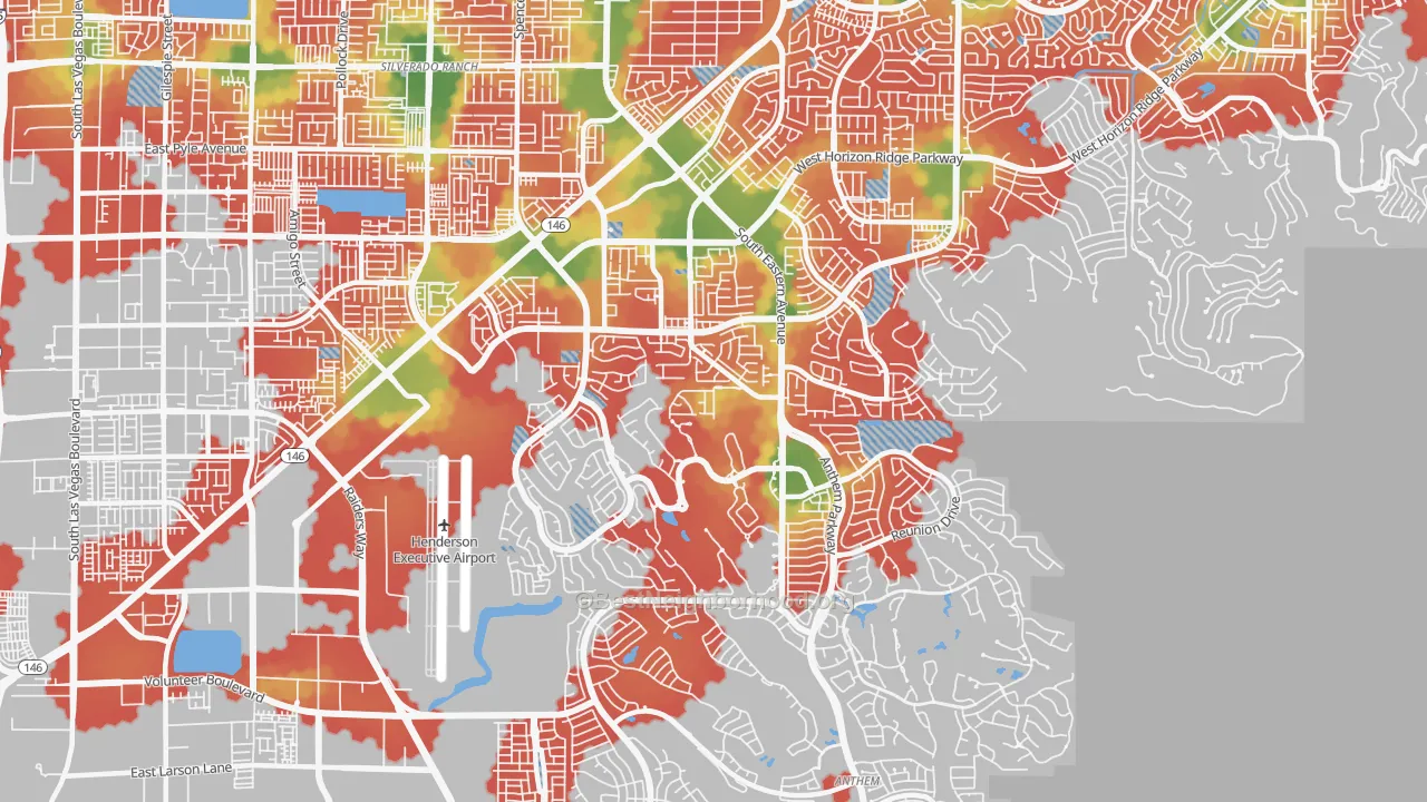 Walk Grade map of 89052, NV, walkable areas in green and car-dependent areas in red