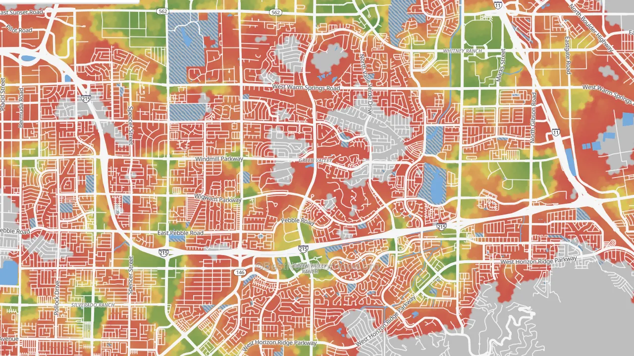 Walk Grade map of 89074, NV, walkable areas in green and car-dependent areas in red