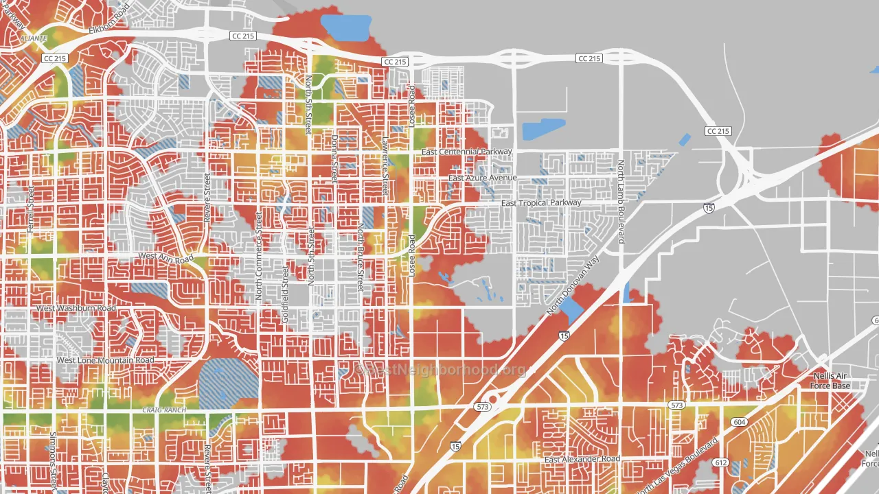 Walk Grade map of 89081, NV, walkable areas in green and car-dependent areas in red