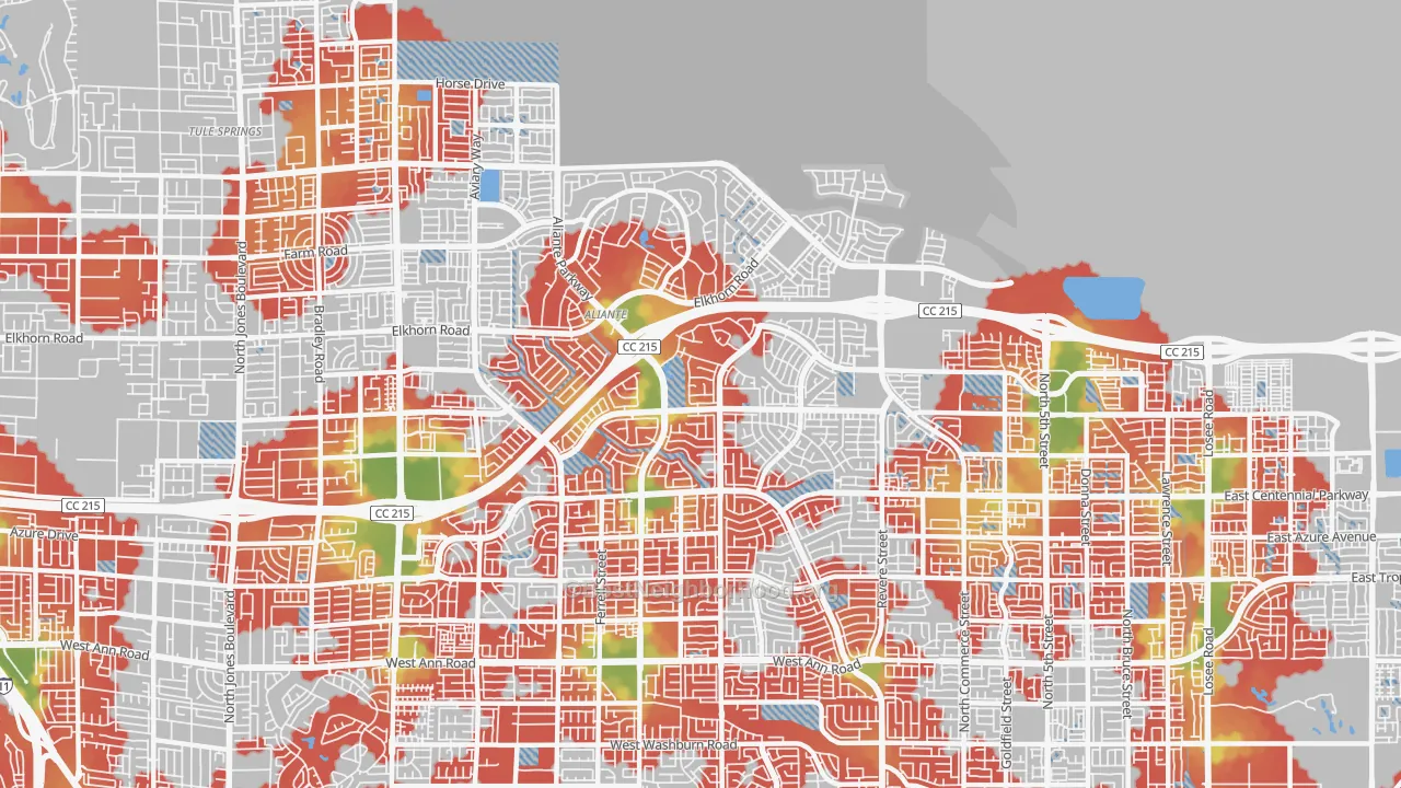 Walk Grade map of 89084, NV, walkable areas in green and car-dependent areas in red