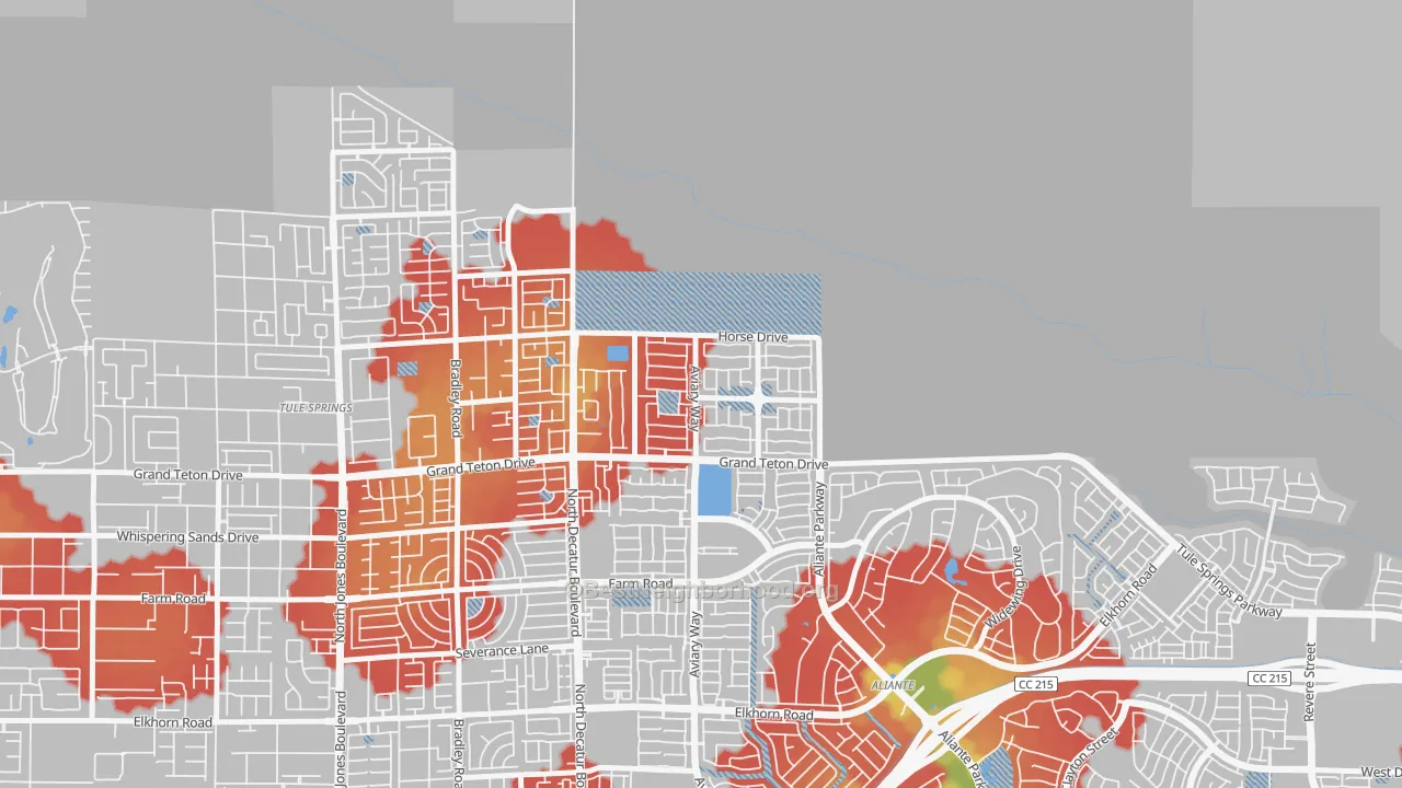 Walk Grade map of 89085, NV, walkable areas in green and car-dependent areas in red