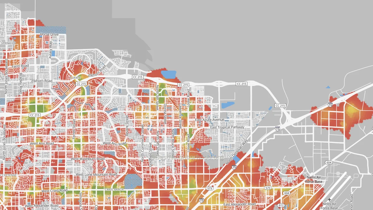 Walk Grade map of 89086, NV, walkable areas in green and car-dependent areas in red