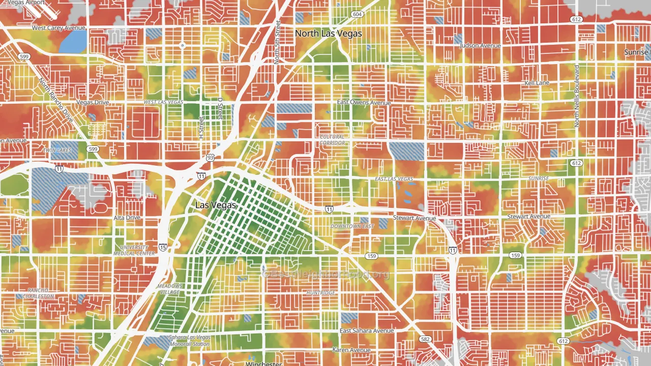 Walk Grade map of 89101, NV, walkable areas in green and car-dependent areas in red