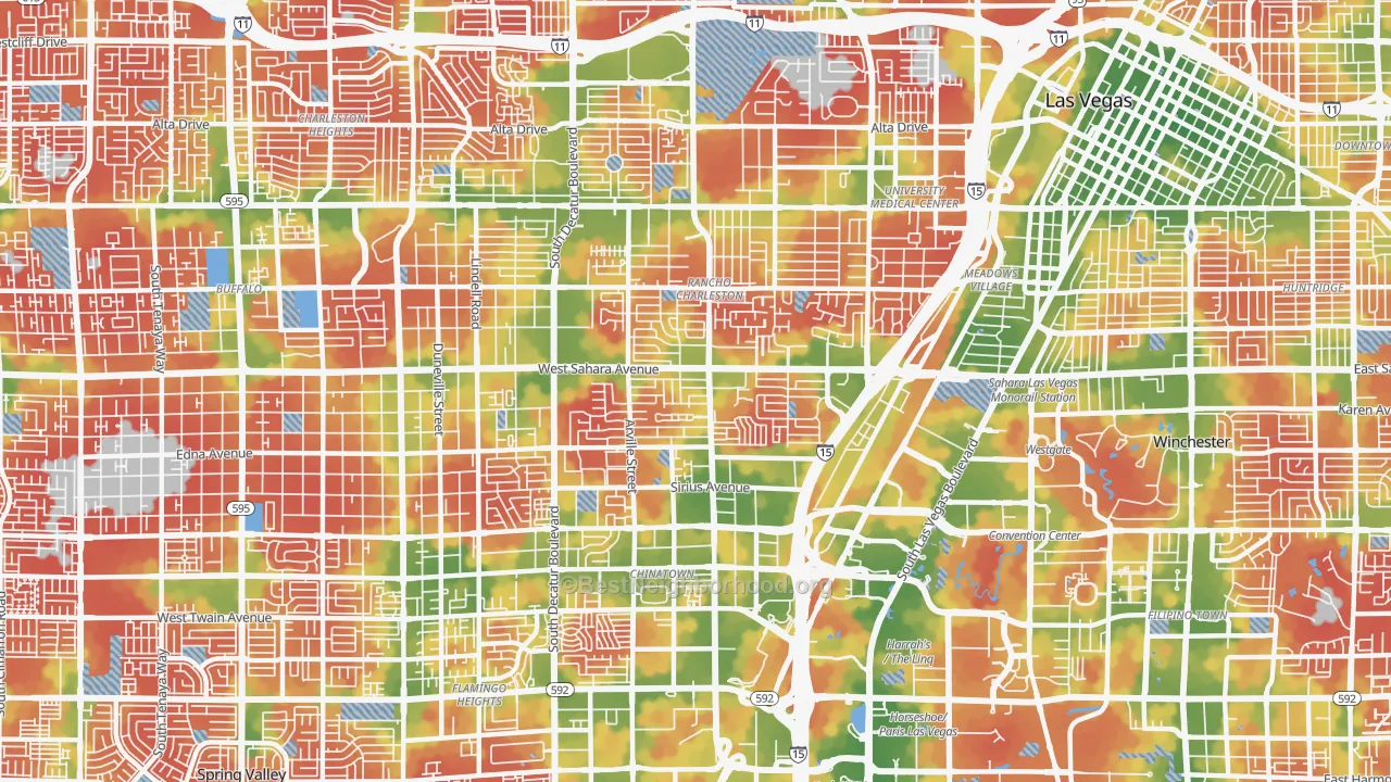 Walk Grade map of 89102, NV, walkable areas in green and car-dependent areas in red