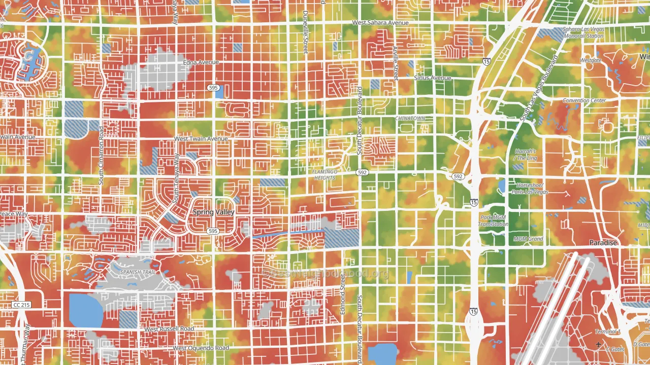 Walk Grade map of 89103, NV, walkable areas in green and car-dependent areas in red