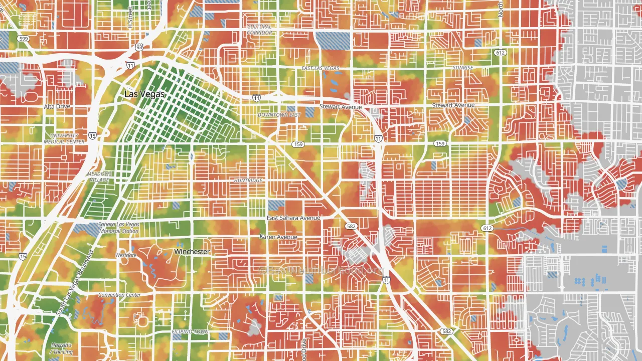 Walk Grade map of 89104, NV, walkable areas in green and car-dependent areas in red