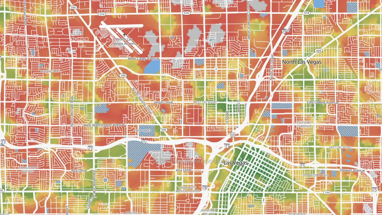 Walk Grade map of 89106, NV, walkable areas in green and car-dependent areas in red