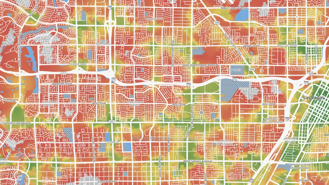 Walk Grade map of 89107, NV, walkable areas in green and car-dependent areas in red