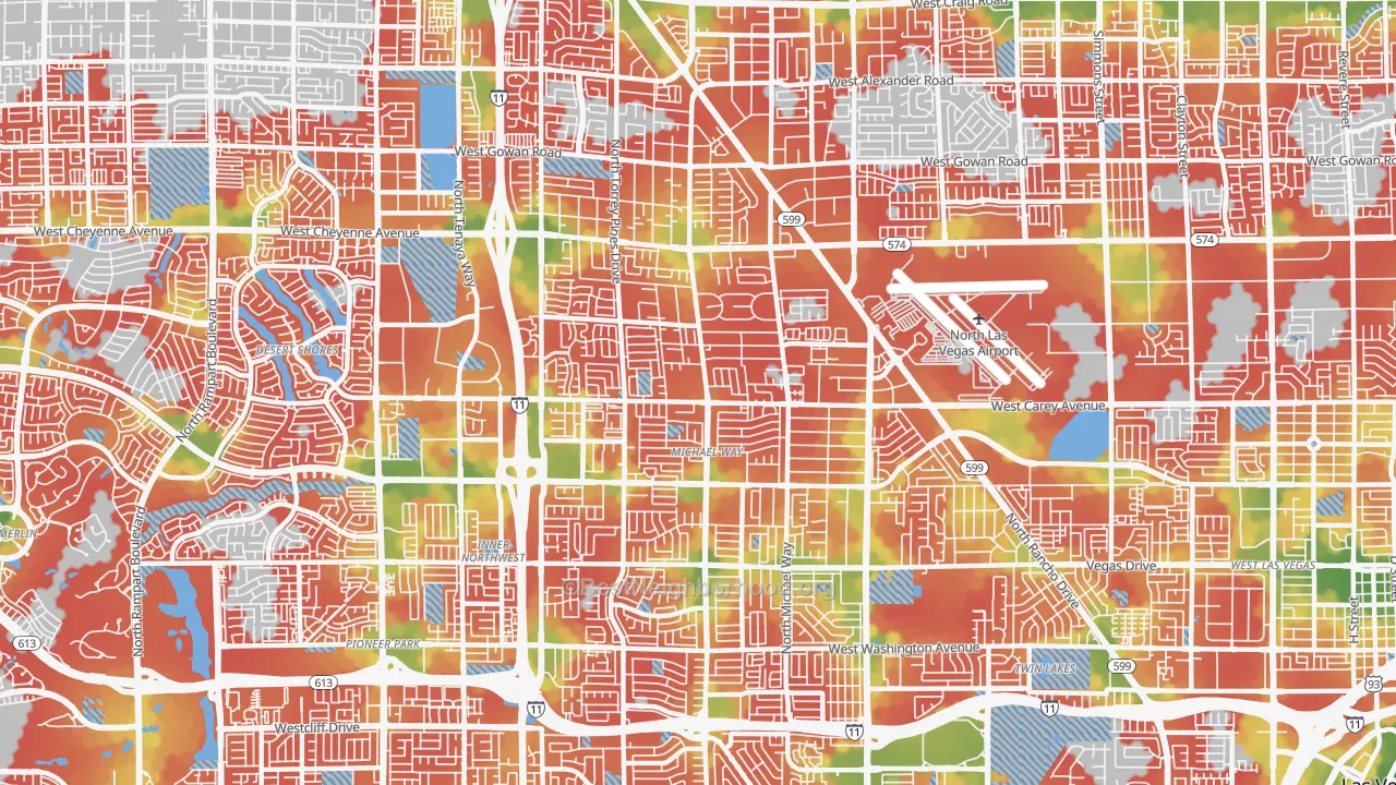 Walk Grade map of 89108, NV, walkable areas in green and car-dependent areas in red