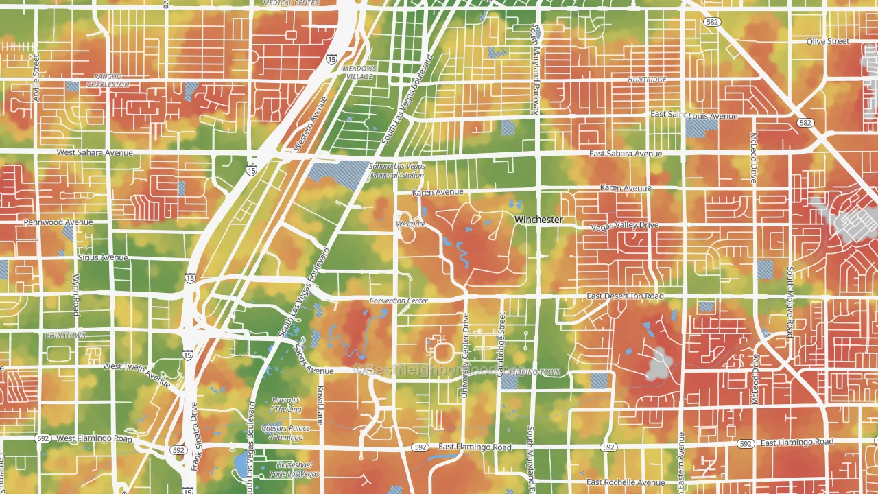 Walk Grade map of 89109, NV, walkable areas in green and car-dependent areas in red