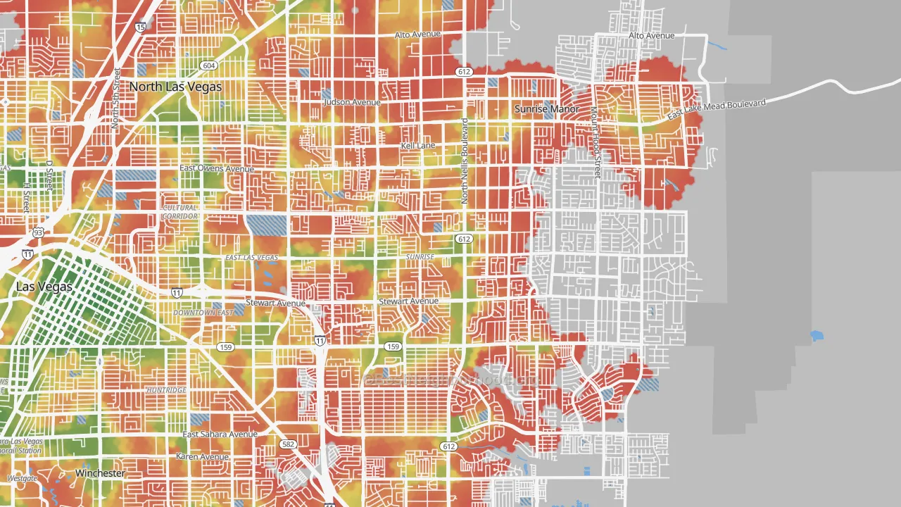 Walk Grade map of 89110, NV, walkable areas in green and car-dependent areas in red