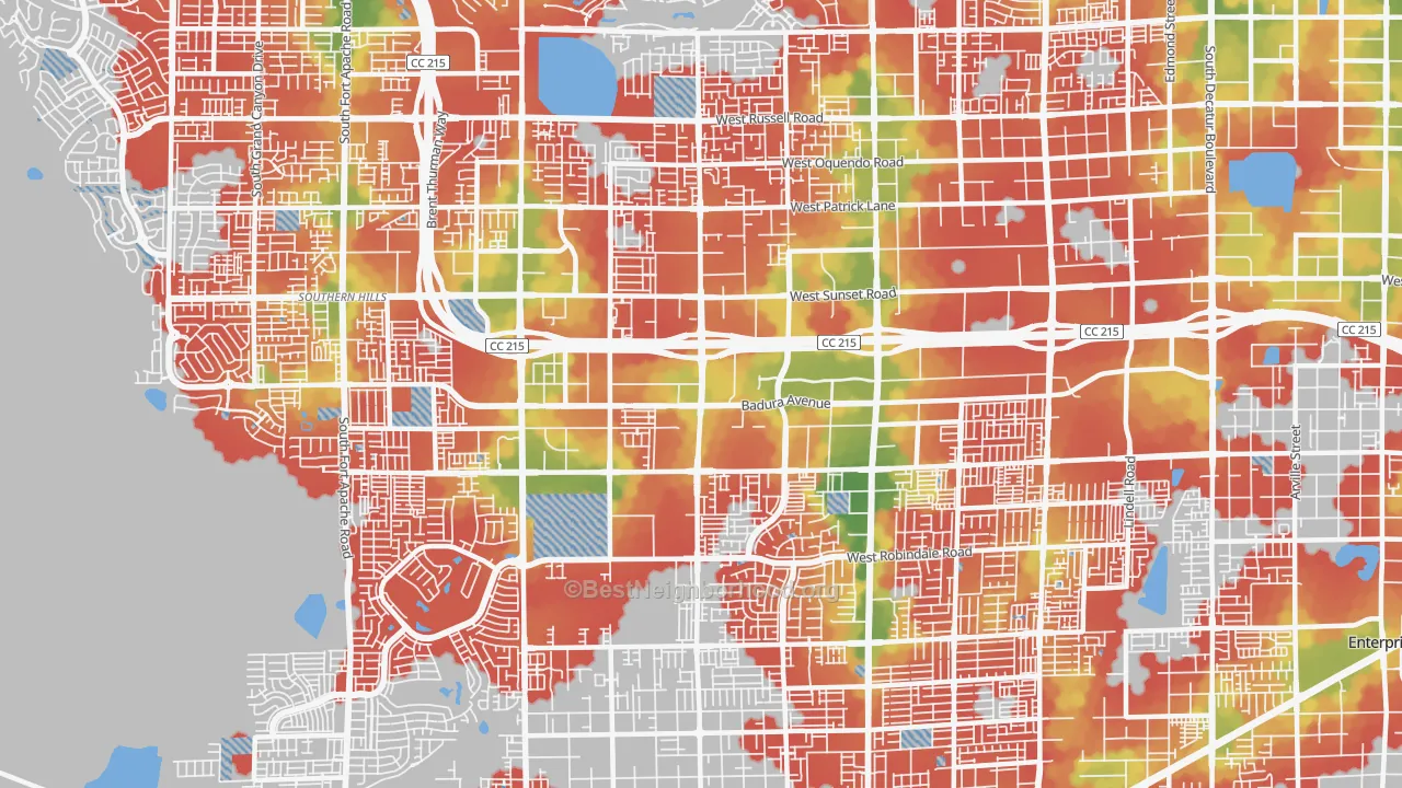 Walk Grade map of 89113, NV, walkable areas in green and car-dependent areas in red