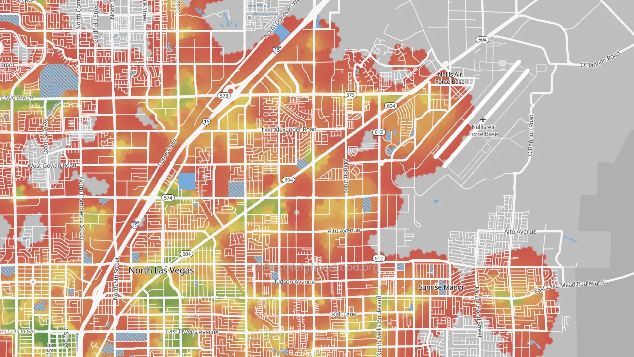Walk Grade map of 89115, NV, walkable areas in green and car-dependent areas in red