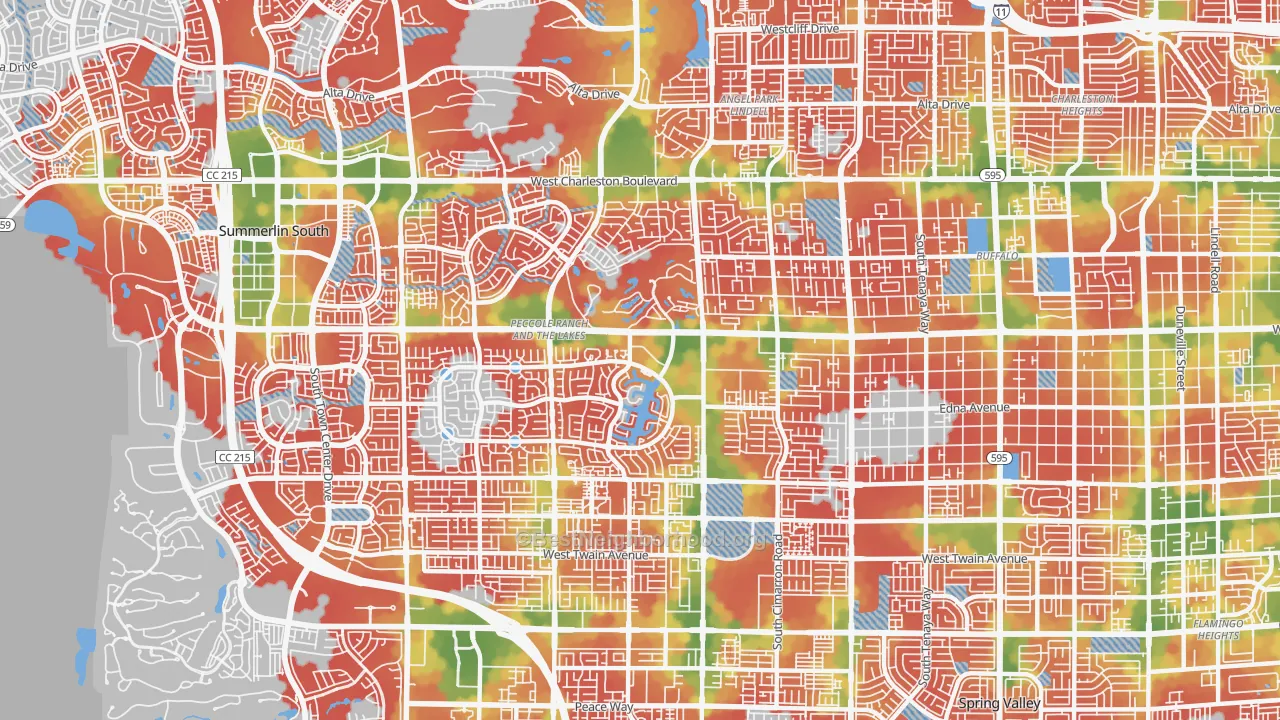 Walk Grade map of 89117, NV, walkable areas in green and car-dependent areas in red